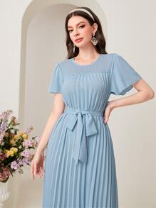Modelyn Solid Pleated Hem Dress - Dusty Blue - View 6