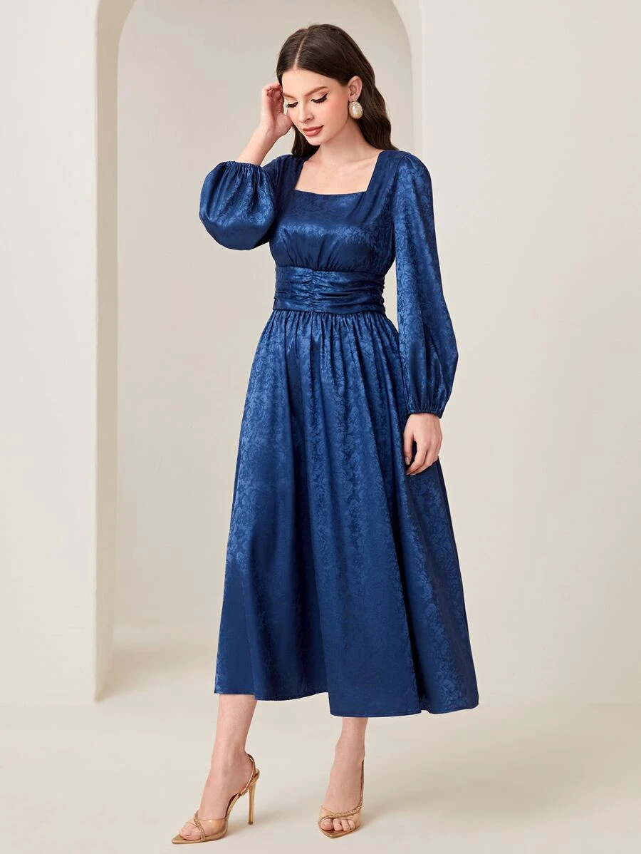 Modelyn Floral Jacquard Square Neck Lantern Sleeve Ruched Waist Satin Dress - Navy Blue - View 1