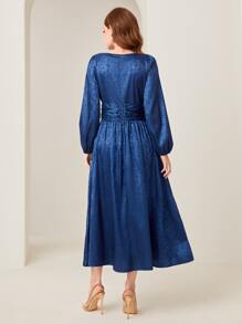 Modelyn Floral Jacquard Square Neck Lantern Sleeve Ruched Waist Satin Dress - Navy Blue - View 2