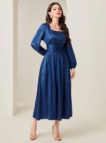 Modelyn Floral Jacquard Square Neck Lantern Sleeve Ruched Waist Satin Dress - Navy Blue - View 3