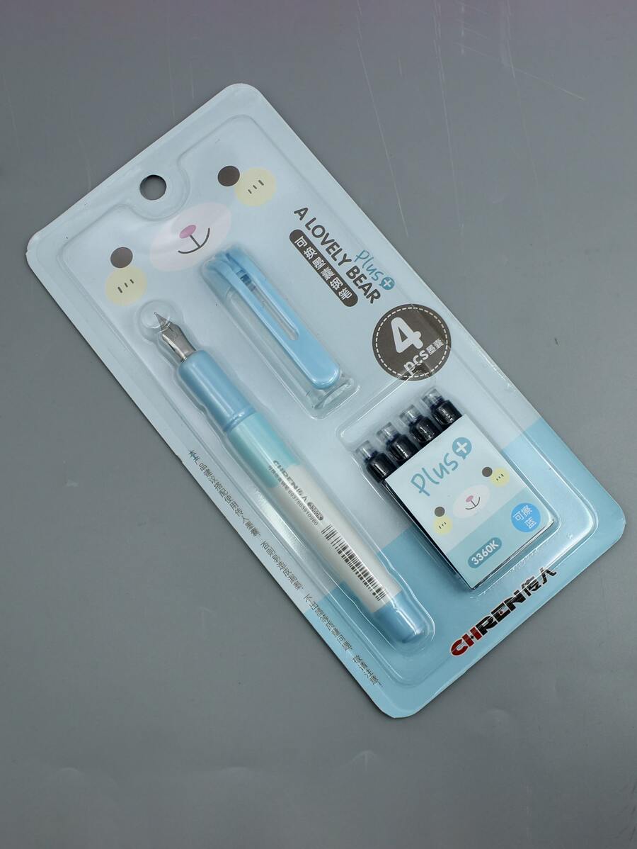 1 bút máy chữ đồ họa với 4 hộp mực, bút mực xóa được đơn giản cho văn phòng, học sinh viết - Màu xanh lam - Xem 1