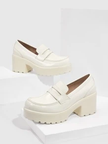 CUCCOO BIZCHIC Zapatos de mujer de suela gruesa minimalistas blancos PU tipo mocasín con cuña, para vacaciones de verano, en de verano, elegantes básicos, casuales de negocios, y sofisticados de negocios