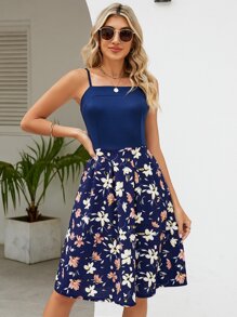 Floral Print Cami Dress - Navy Blue - View 1