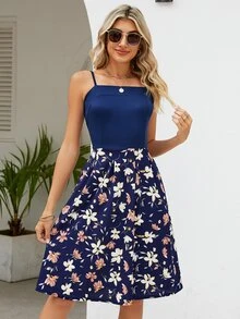 Floral Print Cami Dress - Navy Blue - View 3