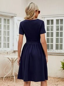 Solid Notched Neck Slant Pocket Dress - Navy Blue - View 2