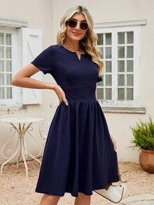 Solid Notched Neck Slant Pocket Dress - Navy Blue - View 3