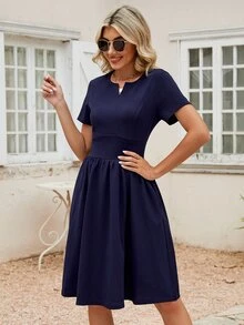 Solid Notched Neck Slant Pocket Dress - Navy Blue - View 4