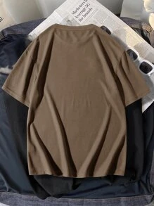 Manfinity Hypemode 男士寬鬆短袖T恤，圓領下擺，短袖平面圖形休閒夏季聚酯纖維材質 - 棕色 - 查看 2