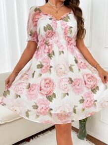 SHEIN Holidaya 大碼印花雞心領口泡泡袖褶邊連衣裙 - 彩色 - 查看 6