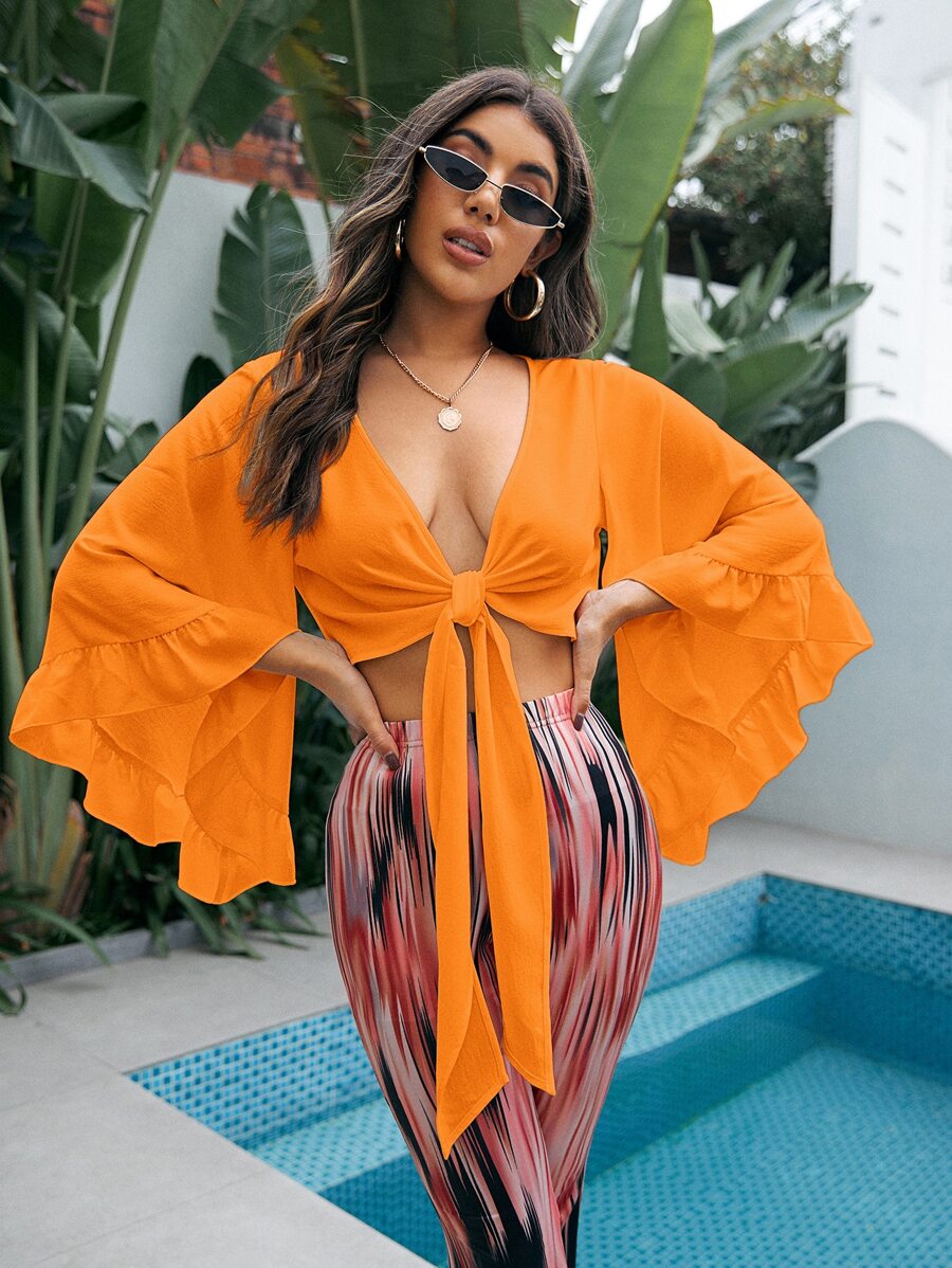 SHEIN VCAY 荷葉邊荷葉袖前打結短款上衣 - 橘色 - 查看 1