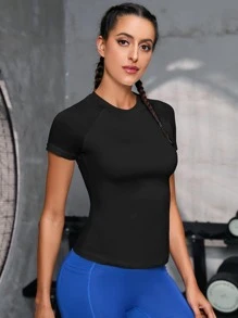 Powerista 纯色插肩袖运动T恤修身压缩衬衫健身房女士衬衫 - 黑色 - 查看 4