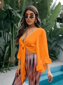 SHEIN VCAY 荷葉邊荷葉袖前打結短款上衣 - 橘色 - 查看 5