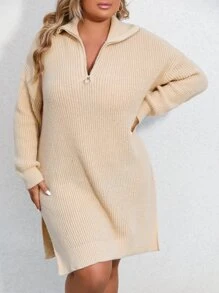 Calvaya Plus Quarter Zip Split Hem Drop Shoulder Jumper Dress - Apricot - View 1
