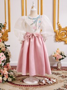 SHEIN 小女童花卉刺繡荷葉袖上衣和腰帶半身裙 - 彩色 - 查看 1