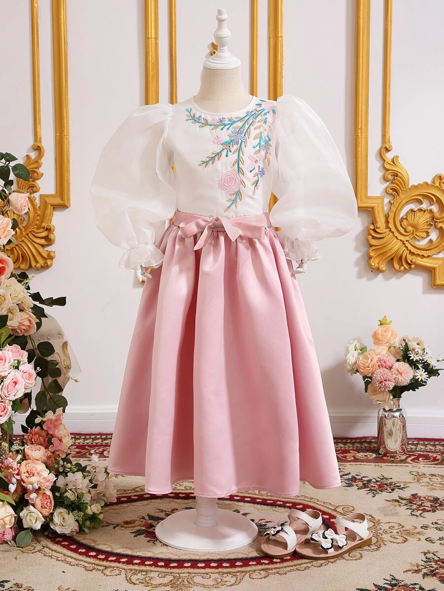 SHEIN 小女童花卉刺繡荷葉袖上衣和腰帶半身裙 - 彩色 - 查看 1