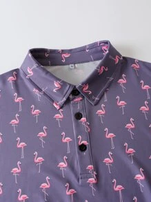 NITAGUT 男士滿版火烈鳥圖案POLO衫 - 深灰色 - 查看 6