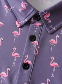 NITAGUT 男士滿版火烈鳥圖案POLO衫 - 深灰色 - 查看 4