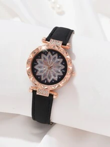 2 件/套，女士手表，花形表壳女士石英表，玫瑰合金表链，手表手链套装，适合日常佩戴，送给她的完美礼物 - 黑色 - 查看 3