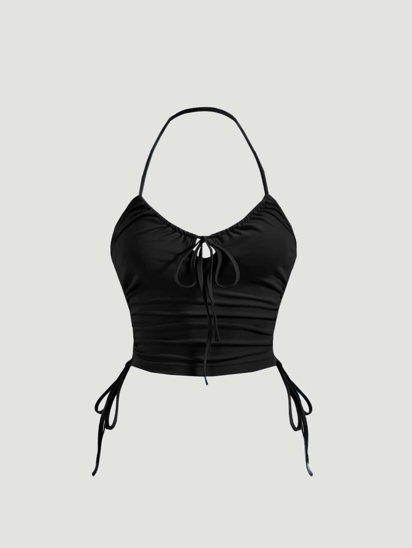 SHEIN MOD 素色側抽繩掛脖上衣 - 黑色 - 查看 1