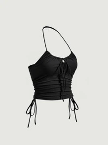 SHEIN MOD 素色側抽繩掛脖上衣 - 黑色 - 查看 3