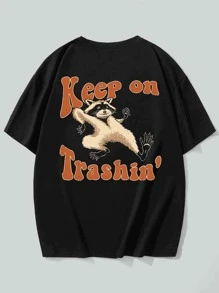 ROMWE MEN Guys Cotton Slogan & Cartoon Graphic Tee - Black - View 1