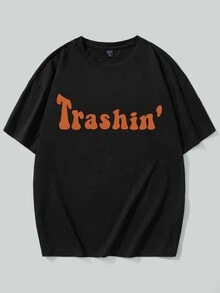 ROMWE MEN Guys Cotton Slogan & Cartoon Graphic Tee - Black - View 2