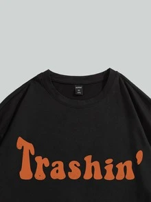 ROMWE MEN Guys Cotton Slogan & Cartoon Graphic Tee - Black - View 3