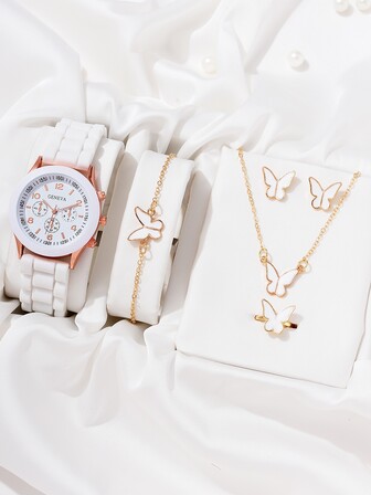 1入組圓形指針石英手錶和4入組首飾套裝