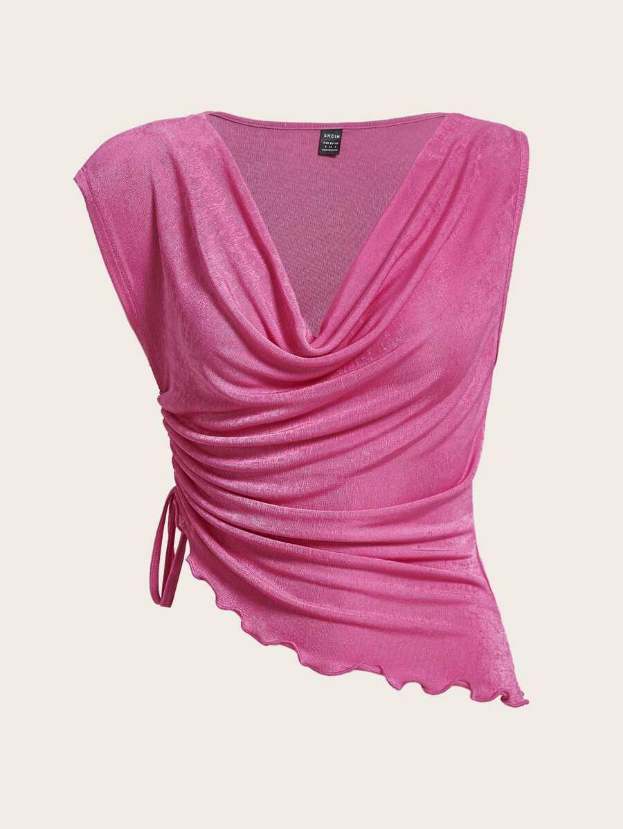 SHEIN ICON Draped Collar Drawstring Side Lettuce Trim Tee - Pink - View 1