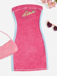 SHEIN ICON Letter Embroidery Contrast Side Seam Tube Bodycon Dress - Hot Pink - View 1