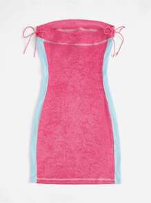SHEIN ICON Letter Embroidery Contrast Side Seam Tube Bodycon Dress - Hot Pink - View 2