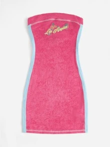 SHEIN ICON Letter Embroidery Contrast Side Seam Tube Bodycon Dress - Hot Pink - View 3