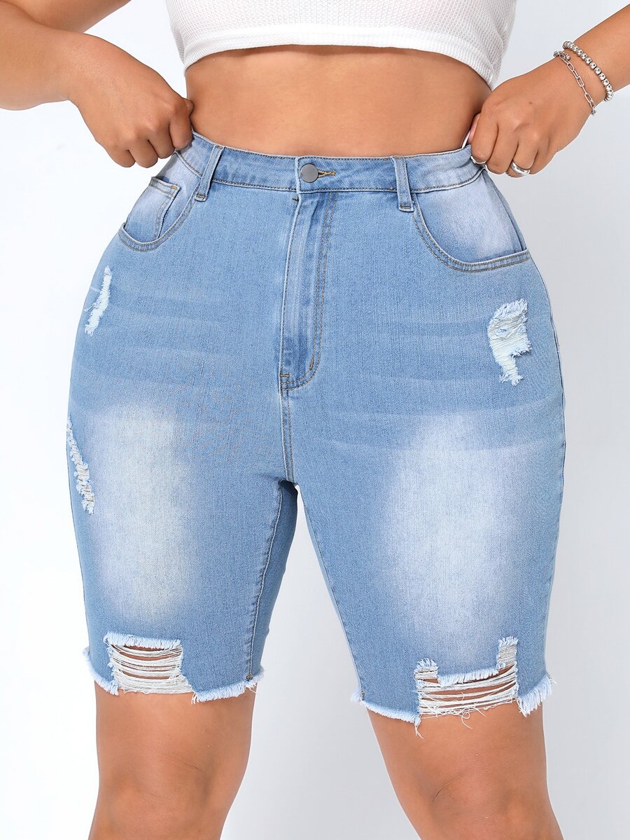 Plus High Waist Ripped Raw Hem Denim Shorts - Light Wash - View 1