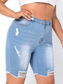 Plus High Waist Ripped Raw Hem Denim Shorts - Light Wash - View 5