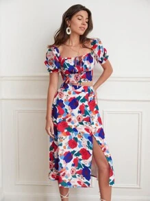 SHEIN Frenchy 印花前繫帶短款上衣和高衩半身裙 - 彩色 - 查看 1