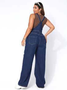 SHEIN EZwear Plus Ripped Denim Dungarees Without Tank Top - Dark Wash - View 1