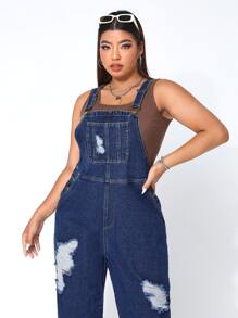 SHEIN EZwear Plus Ripped Denim Dungarees Without Tank Top - Dark Wash - View 5