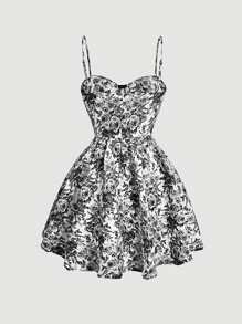 SHEIN MOD Floral Print Bustier Cami Dress Corset Dress - Black and White - View 2