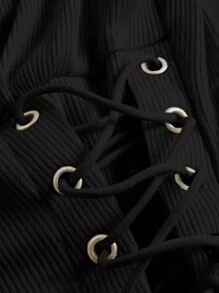 SHEIN MOD Lace Up Side Ruched Bust Frill Trim Puff Sleeve Curved Hem Tee