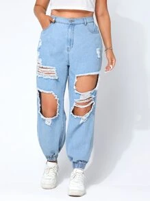 SHEIN EZwear Plus High Waist Ripped Jogger Jeans - Light Wash - View 3