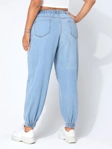 SHEIN EZwear Plus High Waist Ripped Jogger Jeans - Light Wash - View 4