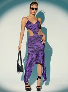 SHEIN ICON Marble Print Cut Out Waist Asymmetrical Hem Cami Dress - Multicolor - View 6