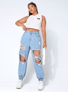 SHEIN EZwear Plus High Waist Ripped Jogger Jeans - Light Wash - View 2