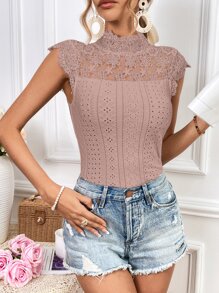 SHEIN Privé Áo thun nữ Nút Tương phản ren Tranh thêu màu trơn Giải trí - Bụi hồng - Xem 5
