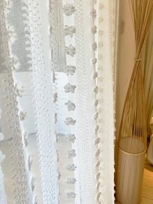 1入組小絨球細節紗簾現代滌綸濾光隱私透明窗簾適用於客廳和臥室 - 白色 - 查看 5