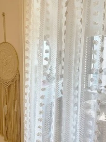 1入組小絨球細節紗簾現代滌綸濾光隱私透明窗簾適用於客廳和臥室 - 白色 - 查看 6