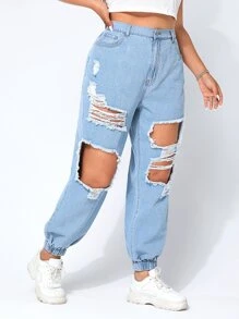 SHEIN EZwear Plus High Waist Ripped Jogger Jeans - Light Wash - View 5