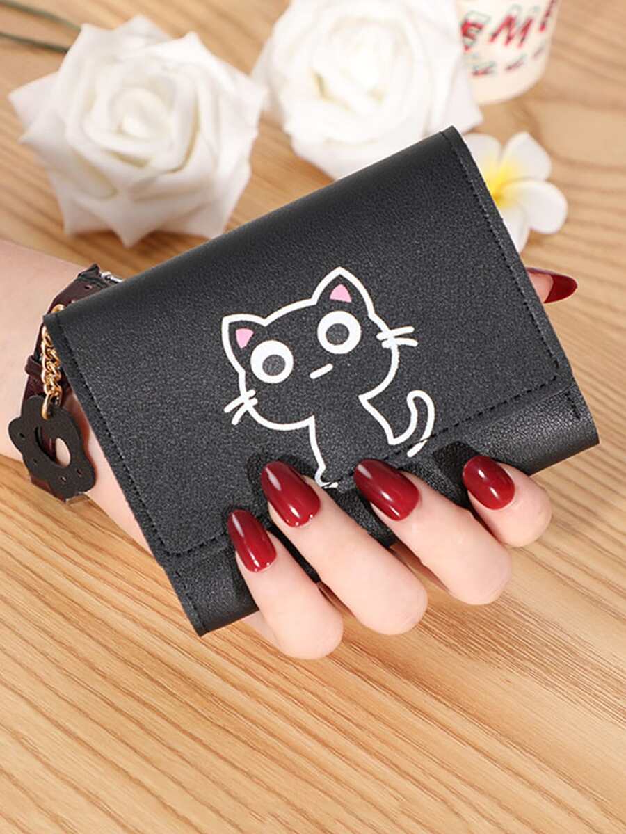 Cartoon Cat Graphic Small Wallet Trifold Black