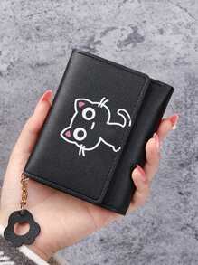 Cartoon Cat Graphic Small Wallet Trifold Black