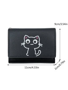 Cartoon Cat Graphic Small Wallet Trifold Black
